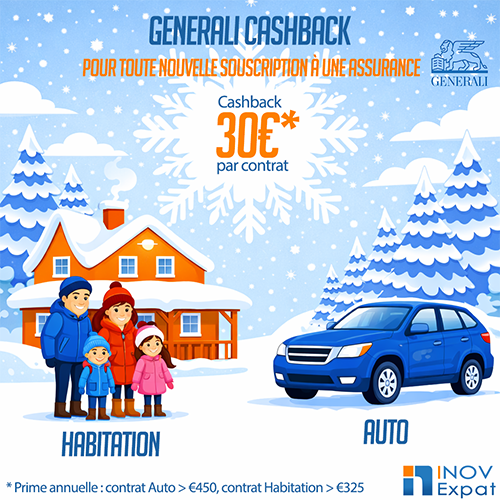 Illustration promotionnelle Generali proposant 30€ de cashback par contrat pour toute nouvelle souscription d’assurance auto ou habitation, avec une famille devant une maison enneigée et une voiture bleue en hiver, partenariat INOV Expat.