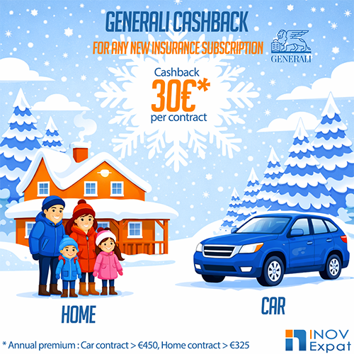 Winter promotional illustration by Generali offering €30 cashback per contract for any new home or car insurance subscription, featuring a family in front of a snowy house and a blue car, in partnership with INOV Expat.